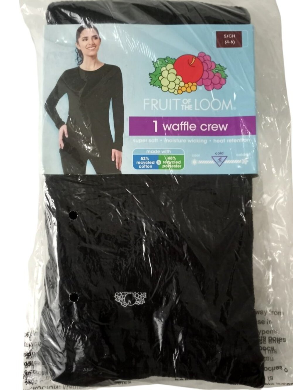 NEW Fruit of the Loom Womens S 4 - 6 Black Waffle Thermal Crew Base Layer Top